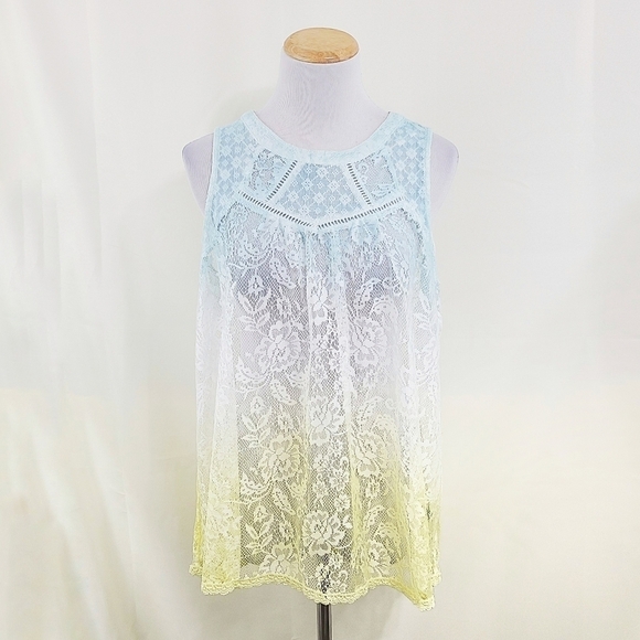 Umgee Tops - Umgee dip dye ombre lace tank blue yellow sheer size medium